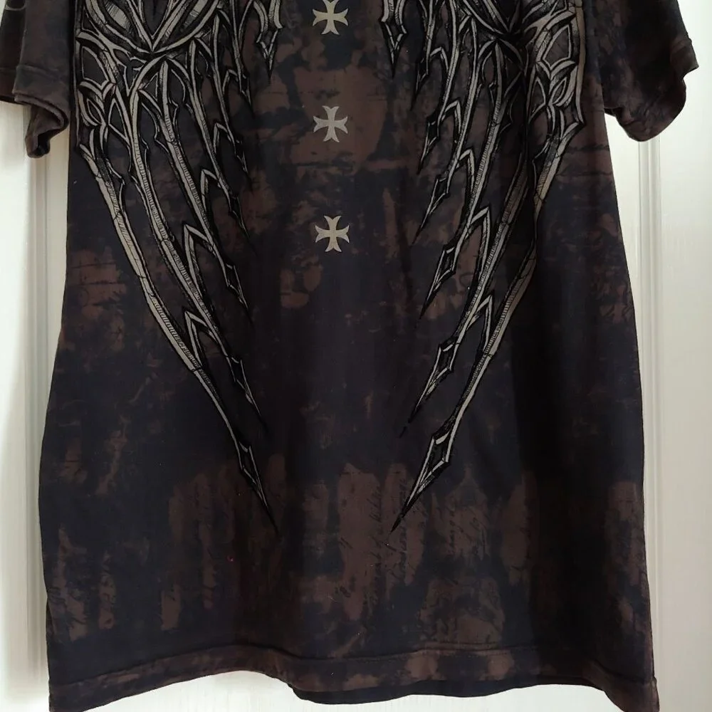 Saints By Affliction Garage Tattoo Grunge Biker Cross Angel Wings Men T-Shirt L - Picture 10 of 12